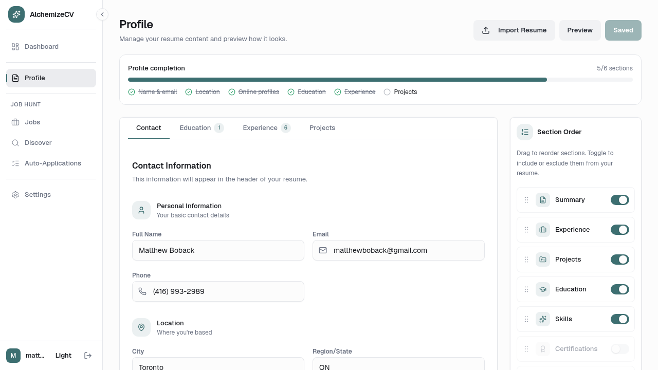 Authenticated AlchemizeCV profile builder with completion progress and section ordering.